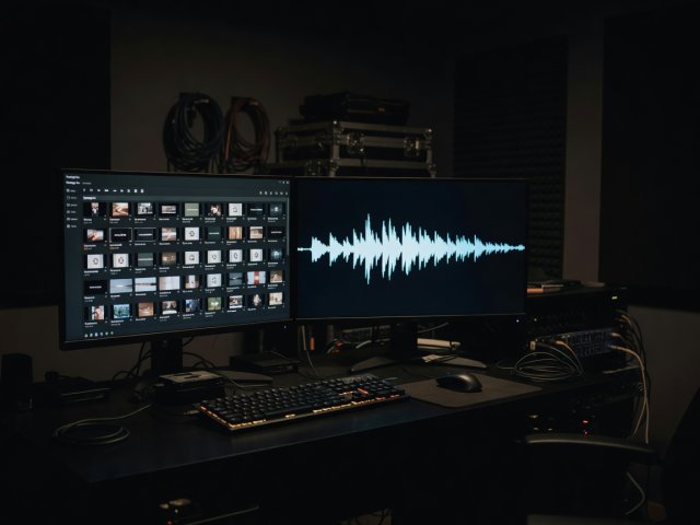Dim editing room with a dual-monitor workstation showing a footage bin and a waveform, no people in frame