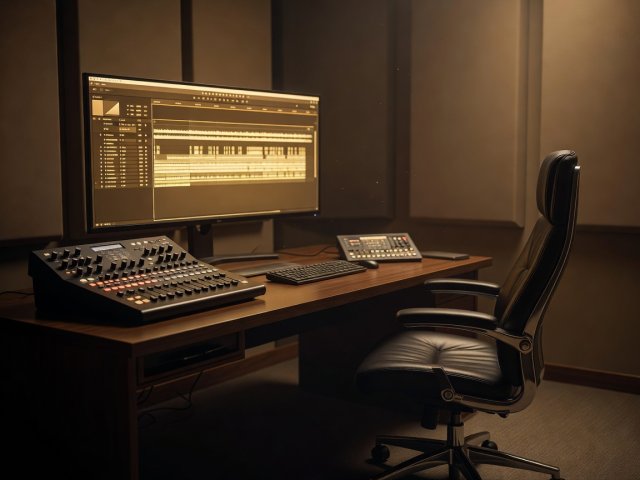 Quiet editing suite with an empty chair, a colour-grading panel and a monitor showing a timeline in warm light