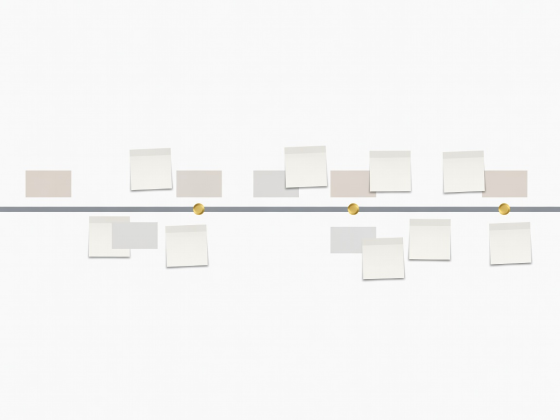 Flat vector timeline with off-white sticky-note annotations and gold timecode markers pinned to specific clips